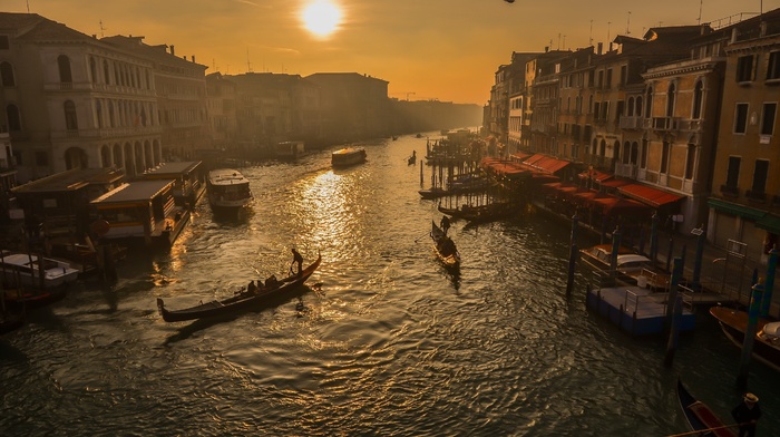 Venice, cityscape, building, boat, river, sunset