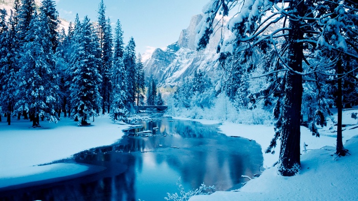 river, winter, snow