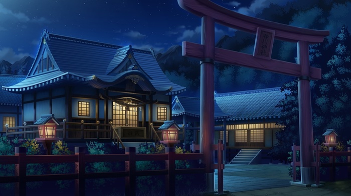 artwork, Asian architecture, lights, night, torii, lantern, house, fence, anime