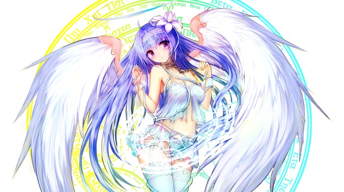 purple hair, long hair, wings, angel, original characters, anime, anime girls, thigh, highs, purple eyes