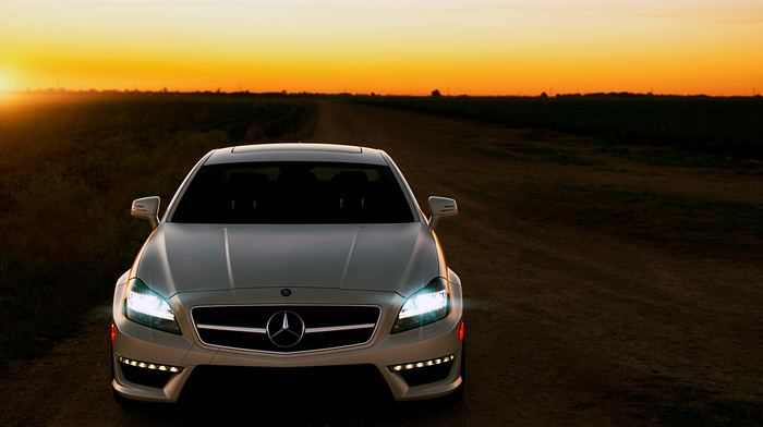 road, cars, Mercedes, sunset