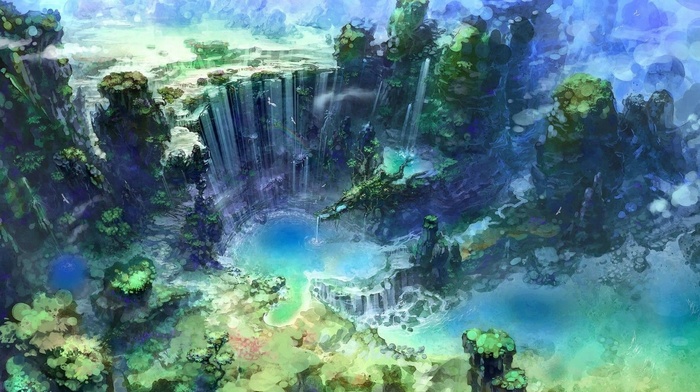 waterfall, artwork, nature, water, fantasy art