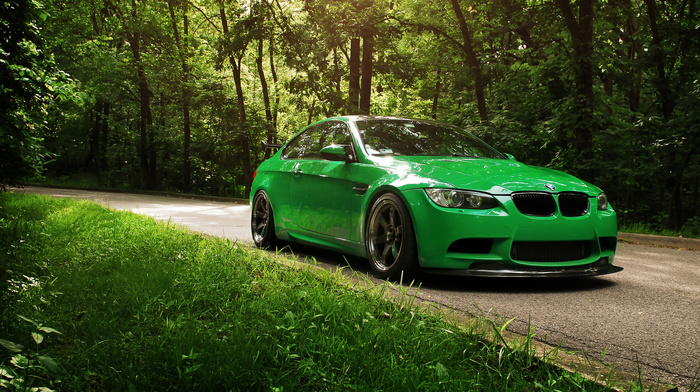 green, cars, summer, grass, BMW