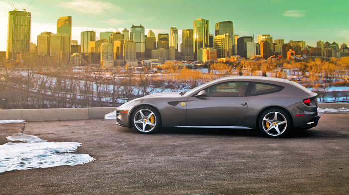 ferrari, cars, snow, city, light