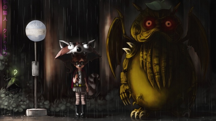 My Neighbor Totoro, anime, The Coon, artwork, fan art, crossover, umbrella, Studio Ghibli, Cthulhu, digital art, rain