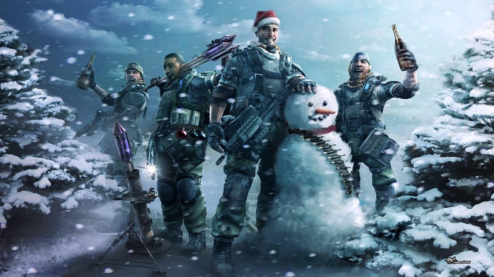 army, Killzone, wine, gun, snowman, army gear, Christmas, snow, ammunition, winter, ammobelt