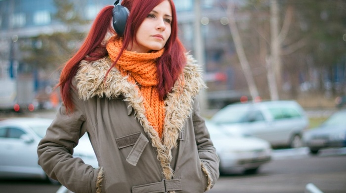 headphones, girl, scarf, Julia Vlasova, redhead