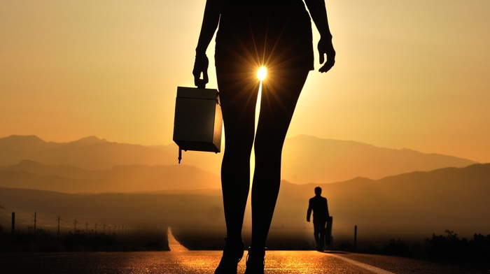 mountain, Sun, sky, girls, feet, road