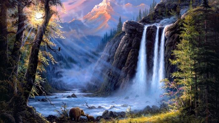 mountain, landscape, river, waterfall, bears, stunner, forest