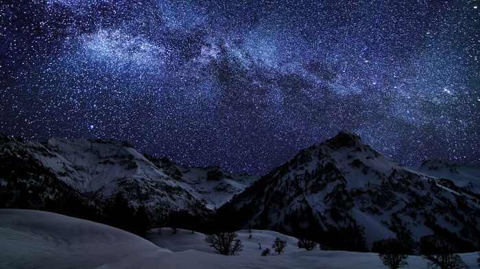 stars, forest, snow, winter, mountain