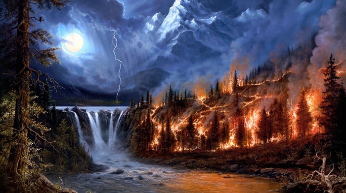 lightning, waterfall, stunner, fire, moon, landscape, river, element, forest