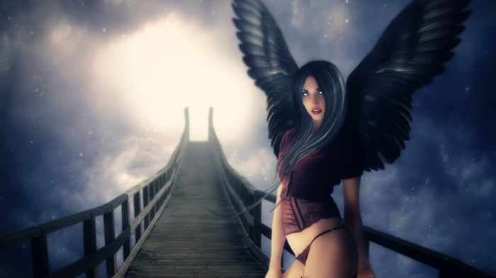 girl, bridge, sky, 3D, angel