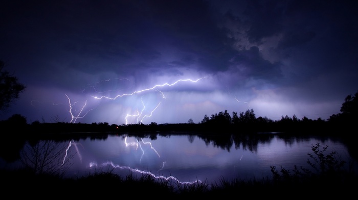 pond, night, lightning, lake, clouds, sky, nature