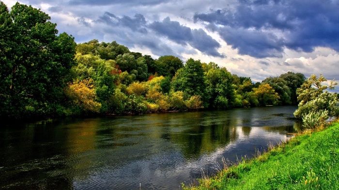 river, forest, sky, clouds, nature, wind, water