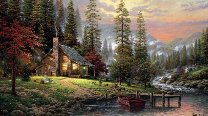 sunset, mountain, painting, river, stunner, forest, house, sky