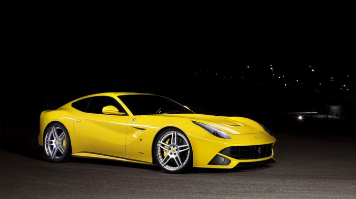 road, yellow, cars, city, night, Ferrari, sportcar