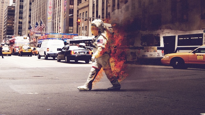 cityscape, astronaut, fire