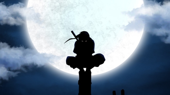 anime, ANBU, utility pole, moon, silhouette, Uchiha Itachi