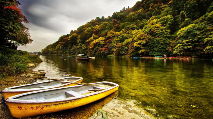 trees, nature, boat, water, beauty, forest, river, sky