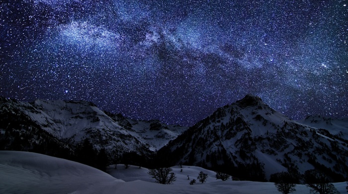 stars, sky, nature, snow, mountain, starry night, landscape