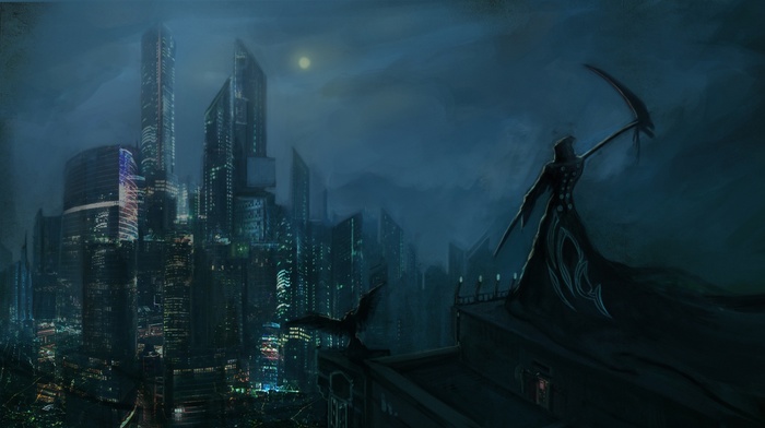 cityscape, grim reaper, artwork