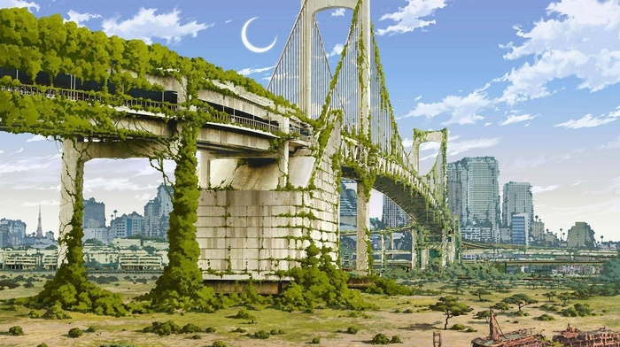Japan, artwork, nature, anime, apocalyptic, city, fantasy art