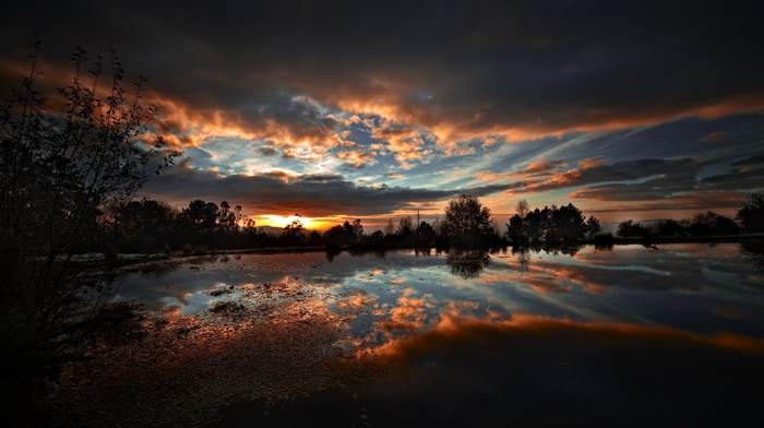 Sun, sunset, pond, clouds, nature, sky, lake