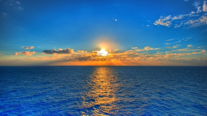 nature, clouds, sea, sky, horizon, sunset, Sun