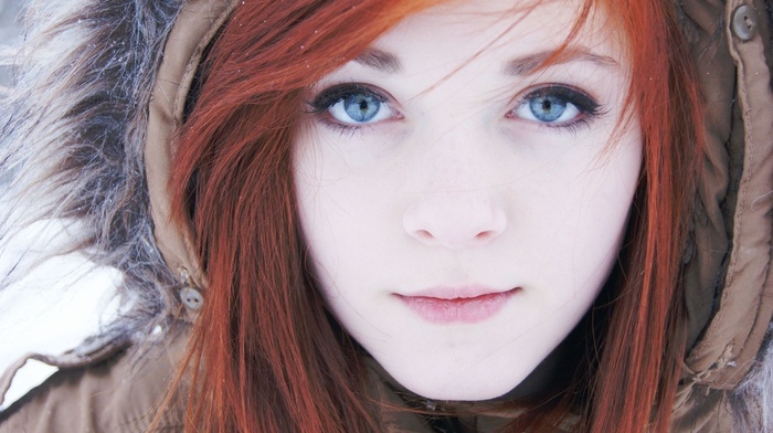girl outdoors, redhead, girl, blue eyes, face, fur coats