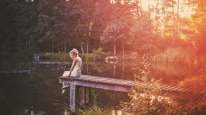 filter, trees, girl, lake, flower in hair, sitting, girl outdoors, pier