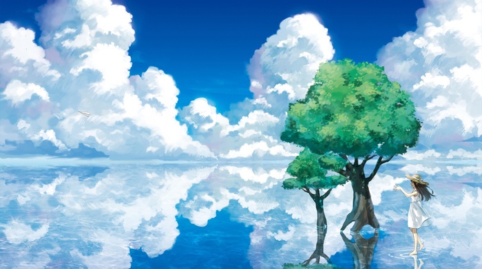 sea, clouds, original characters, anime girls, trees