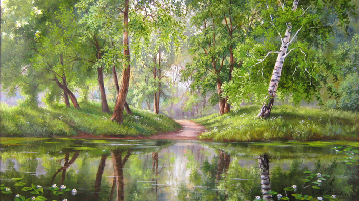 nature, river, stunner, painting, forest