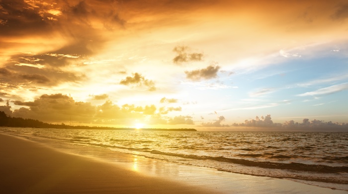 beach, sunrise, sea, clouds