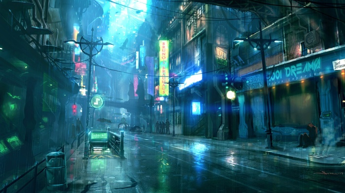 cyberpunk, ship, artwork, neon