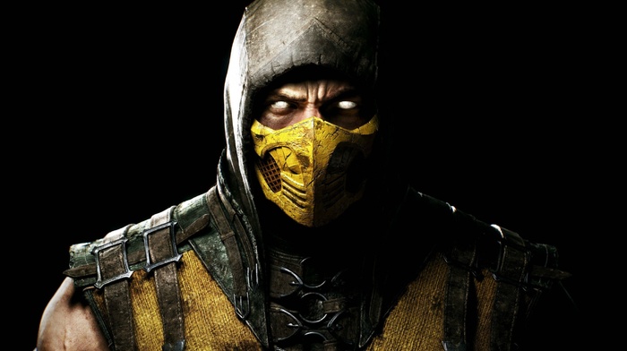 yellow, Scorpion character, leather armor, Mortal Kombat