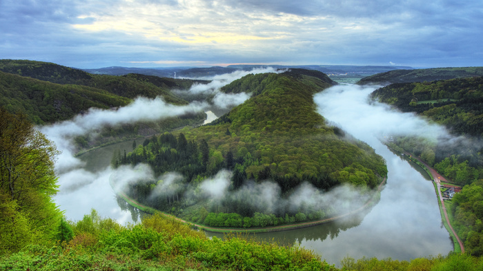 water, nature, sky, river, mist, clouds, forest, mountain