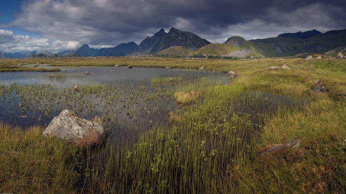 lake, grass, mountain, Norway, nature, sky