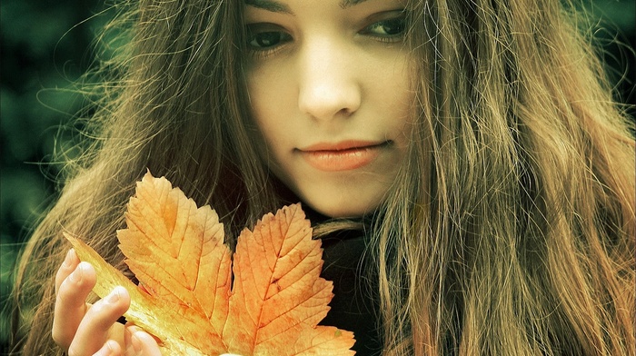 girl, leaves, brunette, face