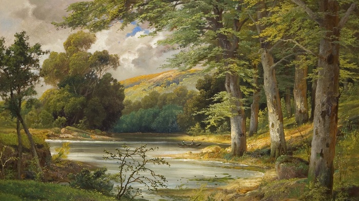 nature, sky, forest, beautiful, trees, painting, pond