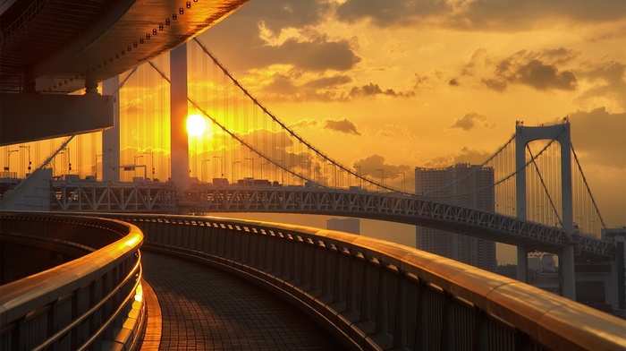 road, Japan, sunset, Sun, bridge, Tokyo, cityscape