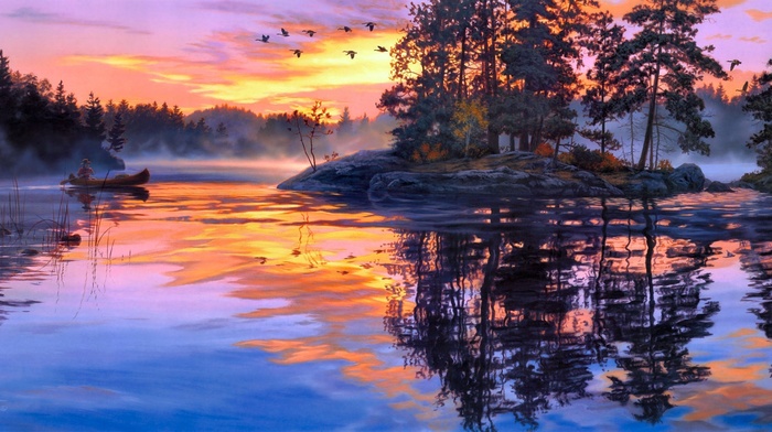 morning, mist, river, birds, painting, clouds, nature, forest, lake, stone, stunner, sky