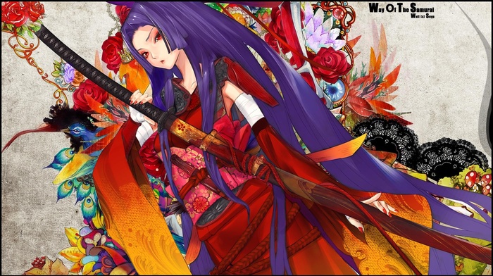 birds, manga, traditional clothing, colorful, anime, katana, purple hair, yukata, flowers, long hair, anime girls, sword, Redjuice, Snyp
