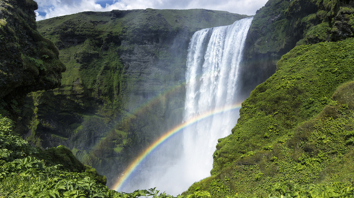 waterfall, clouds, Iceland, sky, green, nature, rainbow, beautiful, mountain