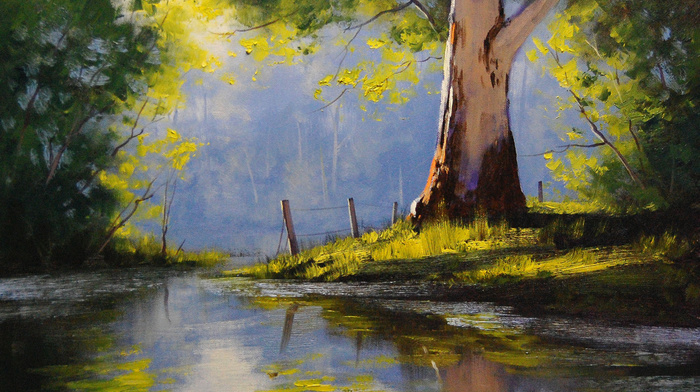 stunner, shadow, tree, light, painting, nature, river