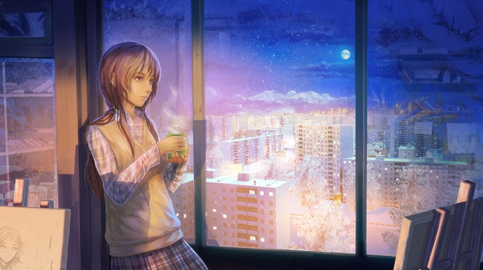snow, winter, ArseniXC, original characters, night, school uniform, anime girls