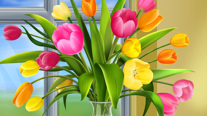 3D, flowers, bouquet, spring, window, tulips, vase, photoshop