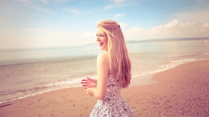 blonde, smiling, dress, beach, model