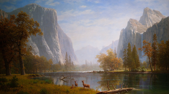sky, mountain, stunner, trees, river, painting, deer, clouds, nature, beautiful