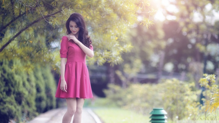 girl, red dress, Asian, garden