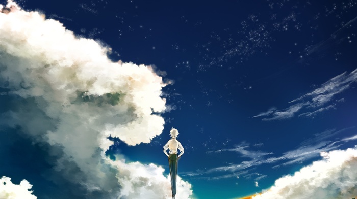 Kaworu Nagisa, landscape, clouds, short hair, stars, flying, white hair, Neon Genesis Evangelion, anime, sky